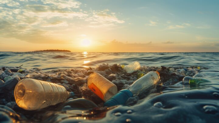 Environmental issues caused by garbage and pollution in the sea involving plastic bottles