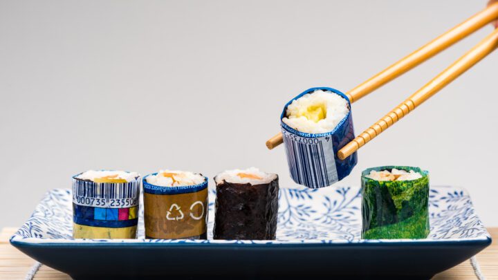 Sushi Wrapped in Plastic, Ocean Pollution Conceptual Image