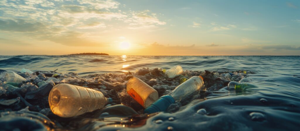 Environmental issues caused by garbage and pollution in the sea involving plastic bottles