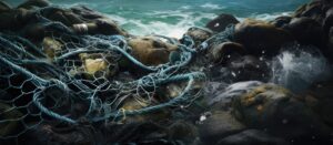 Fishing wire entangled in beach rocks due to overfishing and discarded equipment causing pollution.