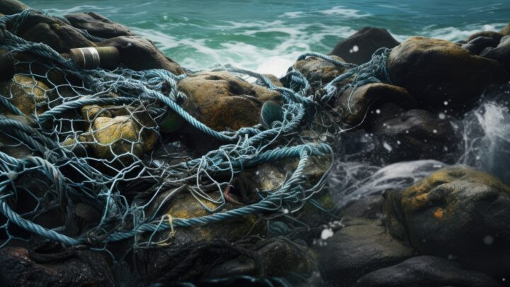 Fishing wire entangled in beach rocks due to overfishing and discarded equipment causing pollution.