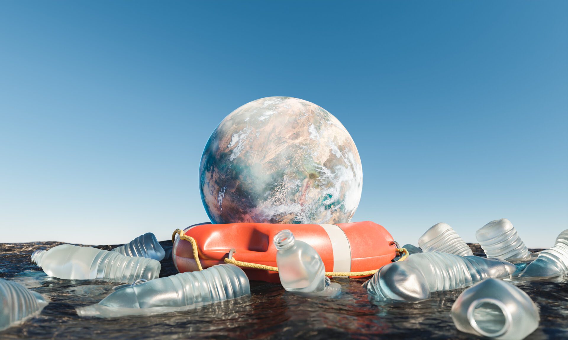 planet with lifebuoy in the ocean surrounded by plastic bottles