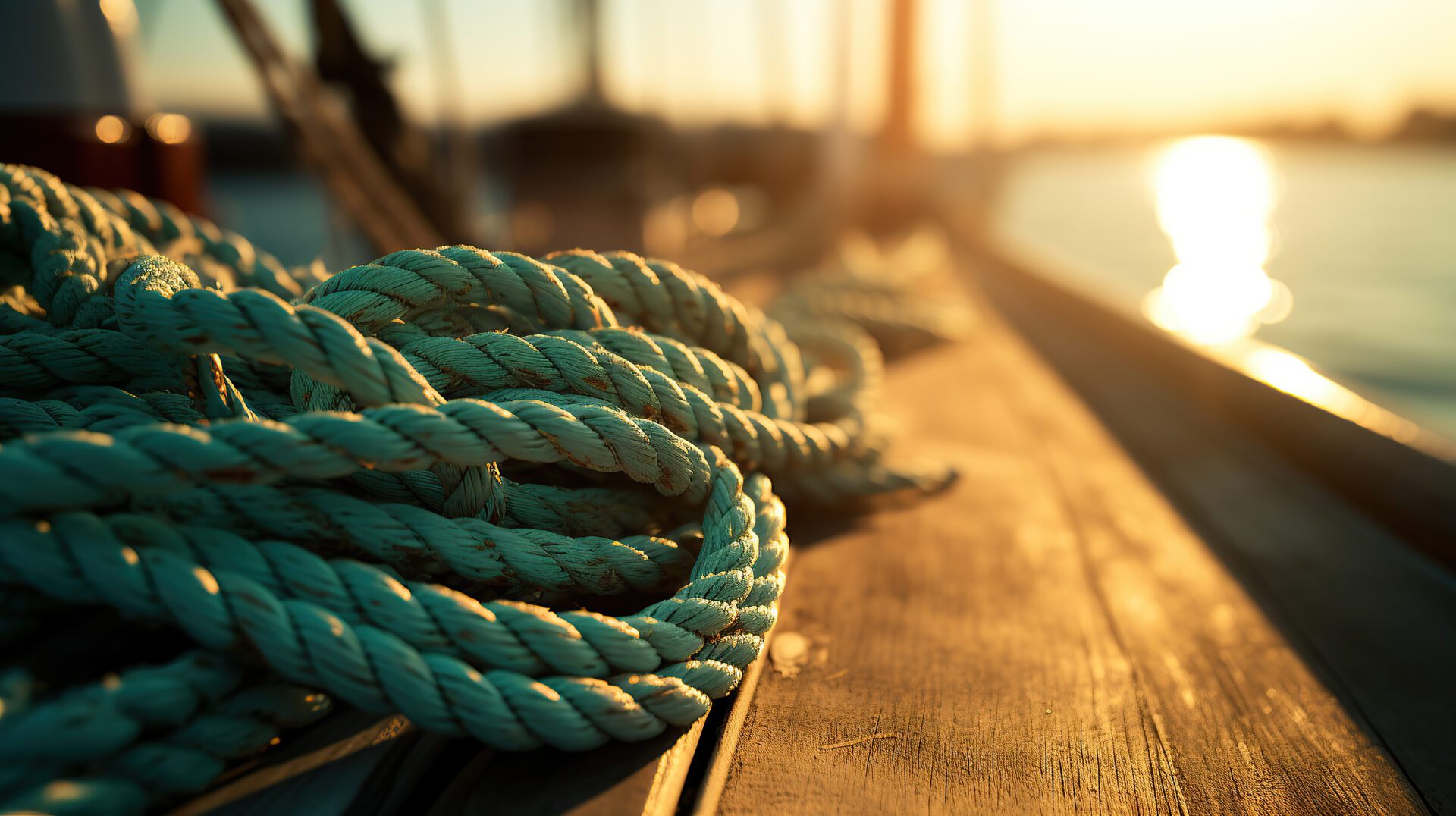 Near the sailboat, a rope is positioned, ready for maritime adventures.